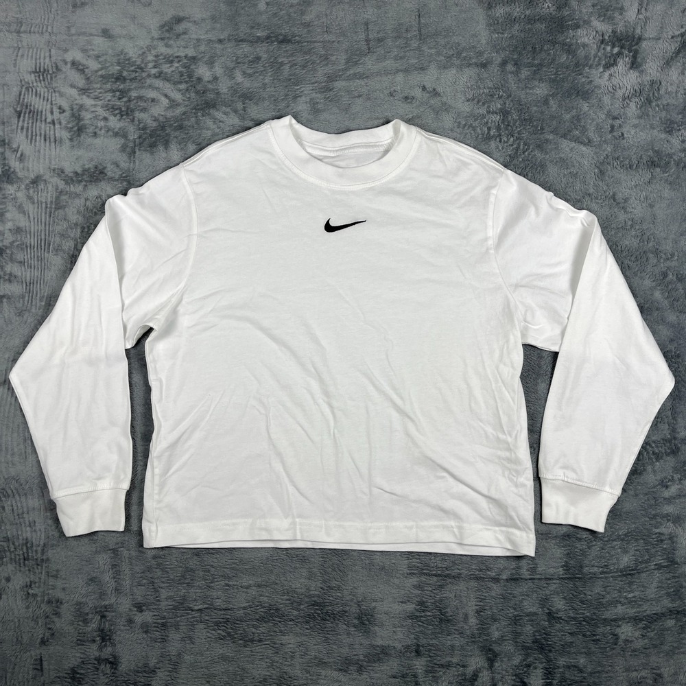 Nike Womens Loose Fit Long Sleeve Tee White Embroidered Swoosh Logo Large